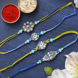 eCraftIndia Set of 4 Multicolor Kundan Floral Rakhis with Sibling Agreement & Roli Chawal Pack-image-27