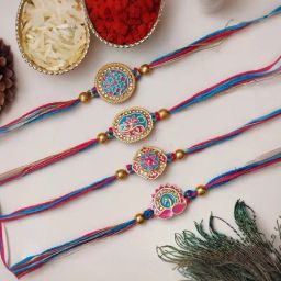 eCraftIndia Set of 4 Multicolor Floral & Peacock Rakhis with Sibling Agreement & Roli Chawal Pack-image-24