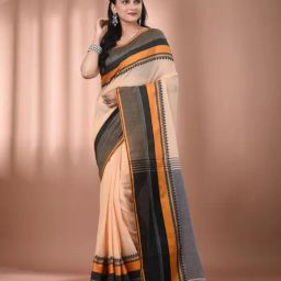 CHARUKRITI Beige Cotton Solid Saree With Unstitched Blouse-picture-26