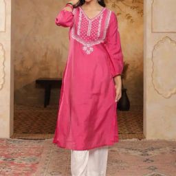 Chanderi Chikankari Solid Women's Long Kurta - Pink-image-14