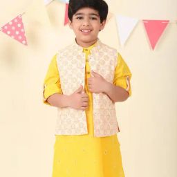Fabindia Boys Yellow Regular Fit Cotton Printed Nehru Jacket-image-20
