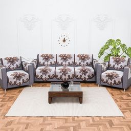 RUBOXA White & Brown Printed Cotton Sofa Cover With Arms-image-92
