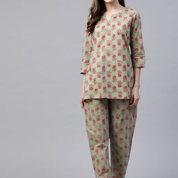 Divena Women Green & Coral Pink Pure Cotton Printed Night suit-image-53