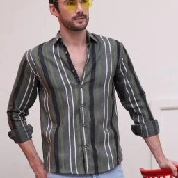 Indian Needle Olive Cotton Regular Fit Striped Shirt-image-57