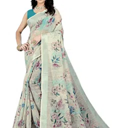 SSHAGUN LIFESTYLE Cream Floral Print Bollywood Cotton Blend Saree-picture-33