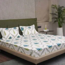 Urban Space Serene Blue Cotton 200 TC King Fitted Bedsheet With Pillow Covers-image-80