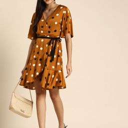 DODO & MOA Brown & Black Printed Satin Dress With Belt-image-10