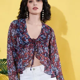 Anvi Be Yourself women Floral Printed Tie Up Neck Flared Sleeve Crop Blouson Top-image-11