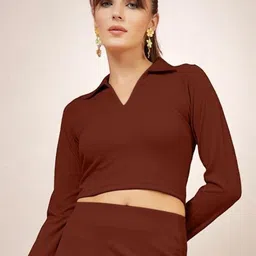 OOMPH! FACTOR Women Ribbed Shirt Collar Fitted Crop Top-picture-11