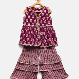 Stylo Bug Sleeveless Leaf Motif Printed With Lace Embellished Kurta & Arrow Designed Sharara - Purple-image-63