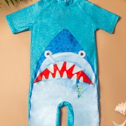 Baby Moo Half Sleeves Shark Printed Swimsuit - Sea Green-image-55