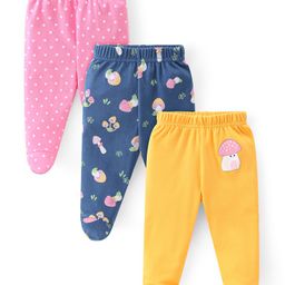 Babyhug Cotton Footed Bootie Leggings Polka Dost & Mushroom Print Pack of 3 - Pink Blue & Yellow-image-83