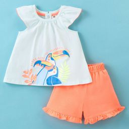 ToffyHouse Half Sleeves Top & Shorts Set With Bird Print - White & Peach-picture-36