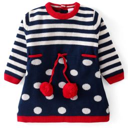 Babyhug Knitted Full Sleeves Striped & Polka Dots Woollen Dress - Red & Navy Blue-image-85