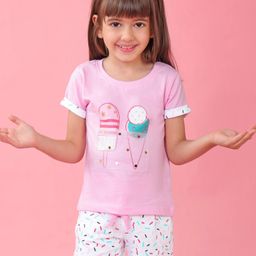 Babyhug Single Jersey Half Sleeves Shorts Set Ice Cream Print - Pink-image-71