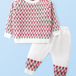 Babyhug Knitted Full Sleeves Pullover Sweater Set With Floral Design - Pink-image-57