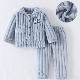 Kookie Kids Full Sleeves Winter Wear Fur Night Suit with Pocket Detailing & Penguin Patch - Grey-image-87