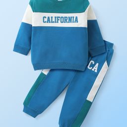 Babyhug Terry Jogger Full Sleeves Cut &  Sew T-Shirt & Jogger with Text Print - Blue-image-44