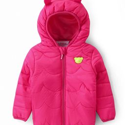 Babyhug Woven Full Sleeves Solid Color Padded Hooded Jacket with Bear Patch Applique - Fuchsia-image-45