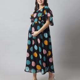 Moms Maternity Half Sleeves Polka Dots Printed Maternity Dress With Concealed Zipper Nursing Access - Black-image-30