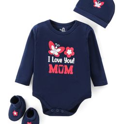 Doodle Poodle Cotton Knit Full Sleeves Floral & Text Printed Onesie With Cap & Booties - Navy Peony-image-34