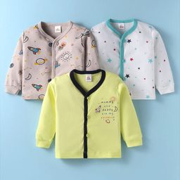 Mini Donuts Interlock Knit Full Sleeves Front Open Vests with Space Theme Print Pack of 3 - White Green & Beige-2