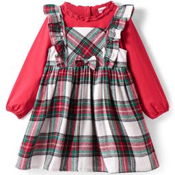 Babyhug Cotton Woven Checkered Frock With Full Sleeves Solid Colour Inner Tee - Green & Red-image-78