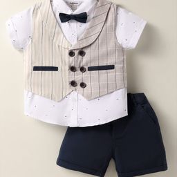 ToffyHouse Cotton Woven Half Sleeves Checks 3 Piece Party Suit With Bow - Navy Blue-picture-5