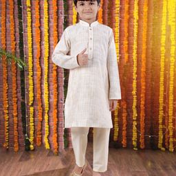 Pehanaava Cotton Full Sleeves Ethnic Motif Foil Printed Kurta Pyjama Set - Cream-image-39