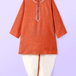 Babyhug Cotton Woven Full Sleeves Kurta Dhoti Set With Embroidery - Orange-image-37