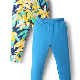 Babyhug Cotton Lycra Knit Full Length Leggings With Floral Print Pack Of 2 - Light Blue & Yellow-image-13