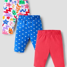 Babyhug Cotton Lycra Knit Three Fourth Leggings With Polka Dots & Floral Print Pack Of 3 - Red Blue & White-image-63