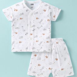 Pink Rabbit Single Jersey Knit Half Sleeves Front Open Co-ords Shorts Night Suit with Animal Print - White & Grey-image-51