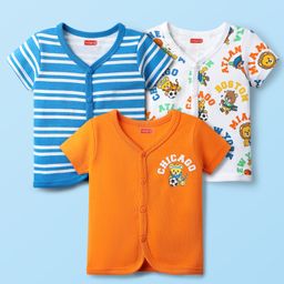 Babyhug 100% Cotton Interlock Knit Front Open Half Sleeves Vests With Stripes & Animal Print Pack Of 3 - Blue Orange & White-21