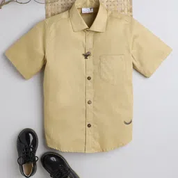 BAATCHEET Cotton Half Sleeves Solid Shirt With Brooch Set - Beige-picture-23