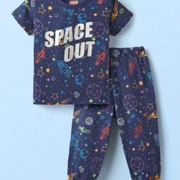 Babyhug Cotton Knit Half Sleeves Night Suit With Space Theme Print - Navy Blue-picture-24