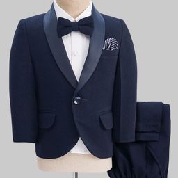 Robo Fry Cotton Woven Full Sleeves Solid 3 Piece Party Suit With Bow - Navy Blue & White-picture-48