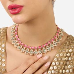 Zaveri Pearls Pink Mint Green Austrian Diamonds Necklace Earring Ring Set-ZPFK17596-7