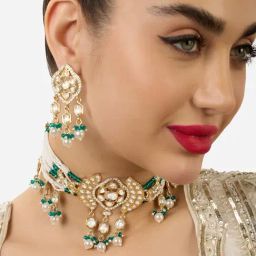 Zaveri Pearls Green Multistrand Kundan Choker Necklace & Earring Set-ZPFK17592-image-60