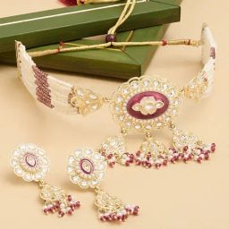 Zaveri Pearls Wine Color Meenakari Multistrand Kundan Necklace Earring Set-ZPFK17591-image-32