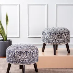 Netroots Printed Blue Cotton Canvas Ottoman - Set of 2-image-76