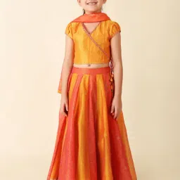 Fabindia Kids Yellow & Orange Floral Print Lehenga, Choli with Dupatta-picture-34