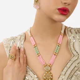 Zaveri Pearls Pink Green Multistrand Kundan Necklace Earring & Ring Set-ZPFK17589-image-47