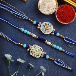 eCraftIndia Set of 3 Blue Rakhis for Brother, Bhabhi, Kids with Sibling Agreement & Roli Chawal Pack-image-7