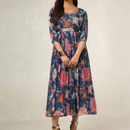 Soch Navy Cotton Polyblend Regular Fit Floral Casul Dress-image-34