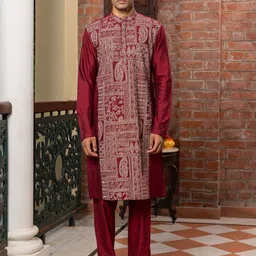 PATR Floral Embroidered Mandarin Collar Thread Work Cotton Silk Straight Kurta-picture-53