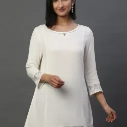 Aurelia White Woven Pattern A Line Short Kurti-image-32
