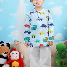 Polka Tots Boys Printed Mandarin Collar Pure Cotton Kurta With Pyjama-13