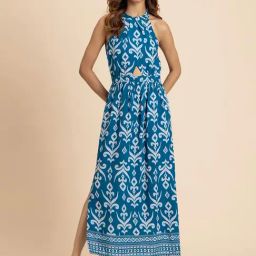 Moomaya Blue Printed Midi Dress-image-36