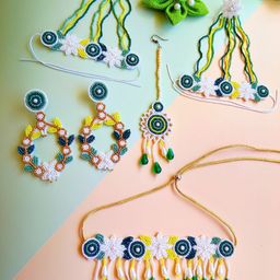 Sangria Green Gold-Plated Stone Studded & Floral Beaded Boho Jewellery Set-61